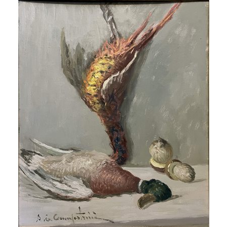 Alcide Ernesto Campestrini, Natura morta, olio su cartone. Cm 59,5x49....