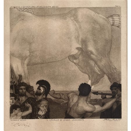 Luigi Ratini (1926), incisione dall' Eneide "Il cavallo di legno -...
