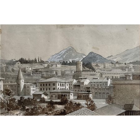C. Bernardi (1917), veduta di Trento, incisione acquarellata, cm 16x25. In...