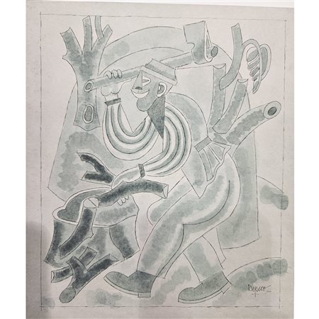 Fortunato Depero (1947/1949), Spaccalegna, china e china diluita su carta, cm 34,2x29,4. Non in cornice.