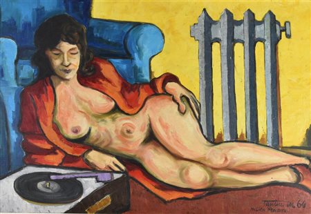 Mario Tantin MUSICA PROIBITA, 1964 olio su tela, cm 70x100 firma, titolo e...