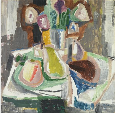 Janos Hajnal FIORI E FRUTTA, 1959 tecnica mista su tavola, cm 63x63 firma e data