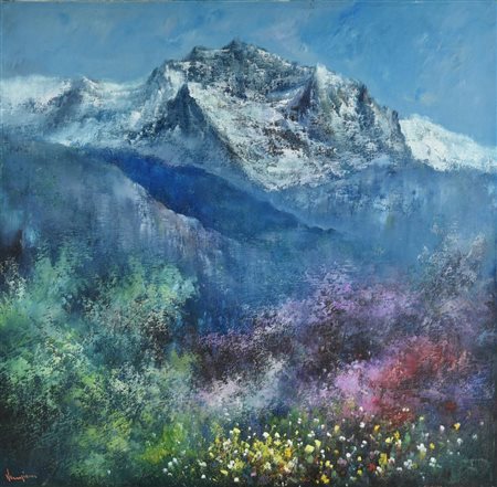 Paolo Veneziani OMAGGIO ALLA VALLE D'AOSTA olio su tela, cm 70x70 firma sul...