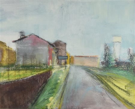 Annibale Follini SCORCIO DI PAESE olio su cartone telato, cm 40x50 firma