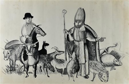 Francesco Tabusso IL VESCOVO tecnica mista su carta, cm 62x98 sul retro:...