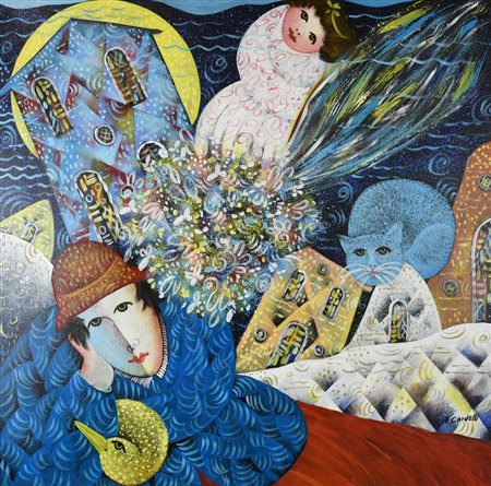 Raimondo Cardelli GLI INNAMORATI olio su tela, cm 70x70 firma sul retro:...