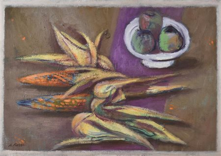 Attilio Rossi NATURA MORTA CON PANNOCCHIE E MELE, 1980-1991 olio su tela, cm...