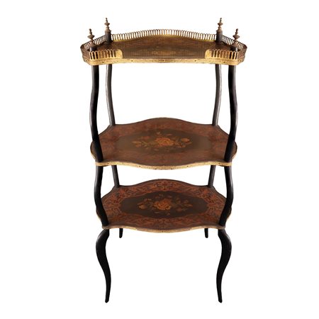 Tavolino a tre piani intarsiati con ringhiera, 19° secolo