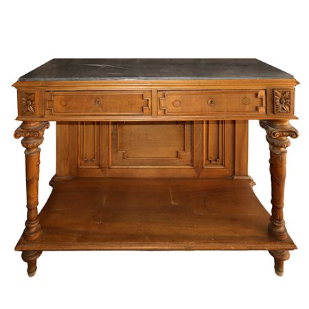 Consolle in legno di noce marmo grigio bardiglio al piano due cassetti sottopiano e piedi a colonna rastremata, fine 19° secolo