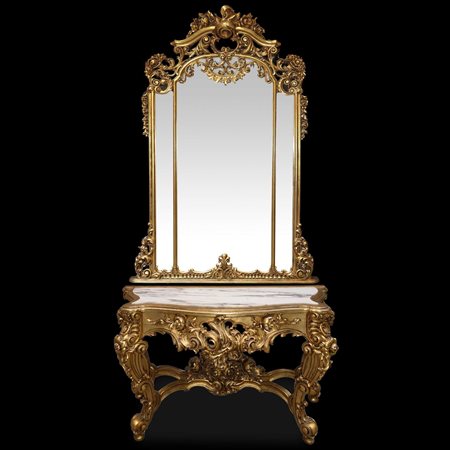 Console con specchiera nello stile barocco dorata a foglie , primi 20° secolo 