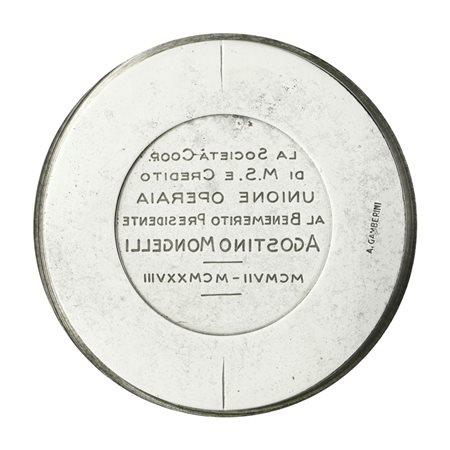  
N La Societa Coop Di M.S.E Credito Unione Operaia Al Benemerito Presidente Agostino Mongelli MXMVII-MCMXXVIII 66 x 36 mm 
 