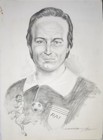 Buzzelli Guido (1927 - 1992) - Ritratto di Carlo Picone, lo storico giornalista sportivo del TG2, con Buzzelli che gioca alla palla nelle vesti del Satiro. .