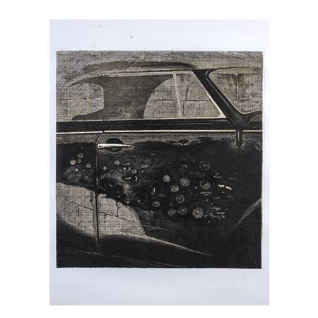 Piero Guccione Scicli 1935 - Modica 2018 70x60 cm. "I Fiori, la macchina e il...