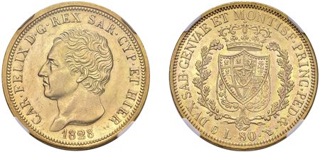 CARLO FELICE (1821-1831) - 80 lire 1828, Torino, P in ovale.
