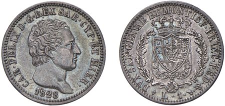 CARLO FELICE (1821-1831) - 1 lira 1828, L, Torino.