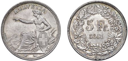 SVIZZERA - CONFEDERAZIONE ELVETICA (1848-) -  5 franchi 1851, Parigi.