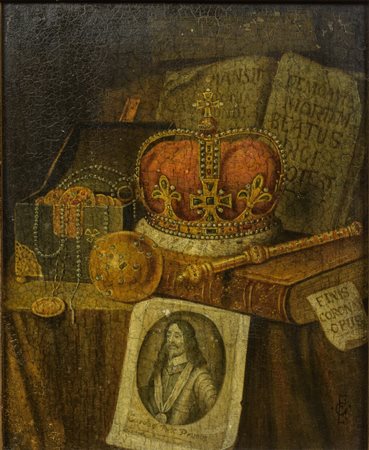  
Natura morta con forziere, scettro, corona e ritratto di Carlo I  XIX secolo
olio su tavola 39 x 34 cm
