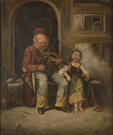 Johann Fr.  Kreull (1804 - 1867) 
Il suonatore di violino; Scena di interno 
Olio su metallo  