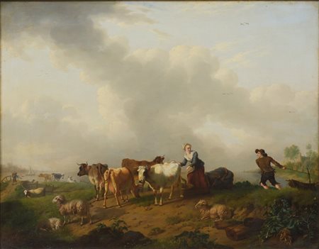 Eugène Verboeckhoven (1798 - 1881) 
Paesaggio con armenti e pastori 
olio su tela 62 x 76,5 cm