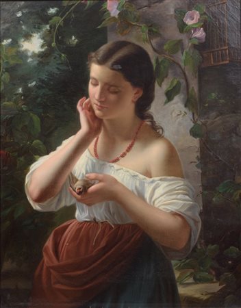 Anatole Vely (1838 - 1882) 
Fanciulla con passerotto 1873
olio su tela 75 x 60 cm