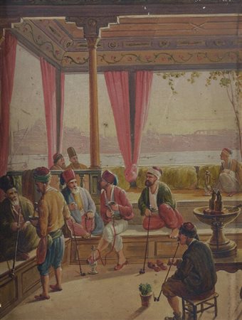 Frans Vervloet (1795 - 1872) 
Sala da caffè sul Bosforo 1844
olio su tavoletta 22 x 15,50 cm