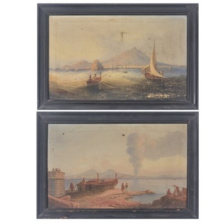  
Pescatori al largo di Ischia; Pescatori al largo di Napoli con Vesuvio Scuola italiana, fine XIX secolo
Olio su tela 35 x 56 cm