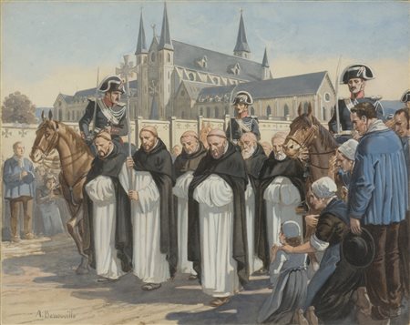 Achille Benouville (1815 - 1891) 
Scena storico-religiosa con monaci domenicani 
acquerello su cartone 24 x 30 cm