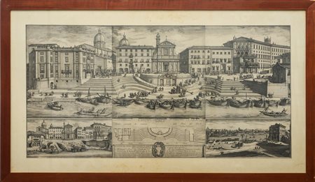 Alessandro Specchi (1666 - 1729) 
Prospetto del Nuovo Navale di Ripetta 
incisione all'acquaforte su tre lastre 66 x 131,5 cm - 91 x 157 cm in cornice