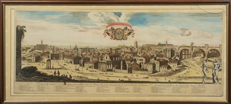 Israël Silvestre (1621 - 1691) 
Veduta del campo Vaccino XIX secolo
incisione acquerellata su cartoncino 39 x 94,5 cm