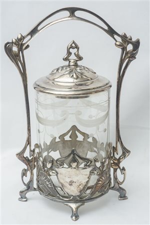  
Porta sottaceti anni '20 del XX secolo
metallo argentato e vetro  28 x 15 cm