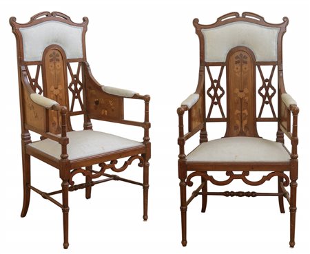 Emile Gallé (attribuito a) (1846 - 1904) 
Coppia di poltrone primo quarto del XX secolo
legno di acero  113 x 58 x 47 cm