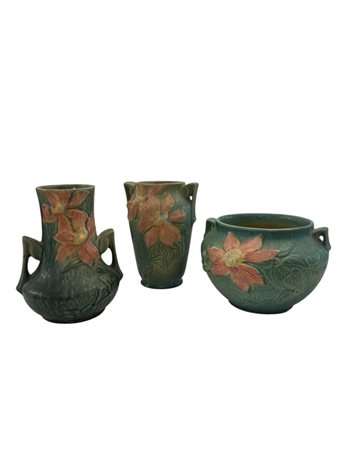  
ROSEVILLE - Trittico Clematis verde anni '30 del XX secolo
ceramica dipinta 