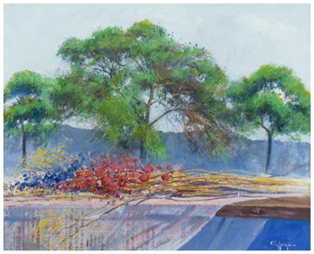 PIERO TONFONI Livorno 1944 Natura morta Olio su tavola 50 x 60. Firma in b. a...