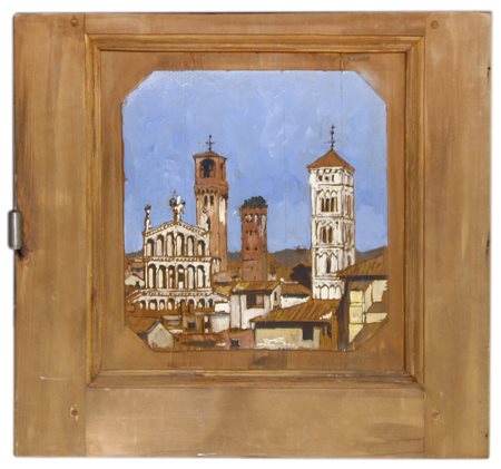 MASSIMO LOMI Livorno 1953 Lucca storica 2012 Tempera su tavola 49 x 54. Firma...
