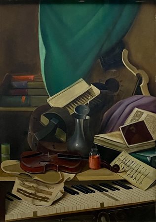 Adriano Gajoni (Milano 1913-1965)  - Natura morta con pianoforte