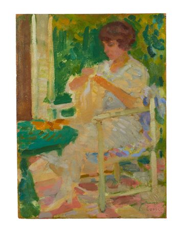 CARLO CORSI (Nizza 1879 – Bologna 1966), “Donna che cuce”, 1911-1912. Olio...