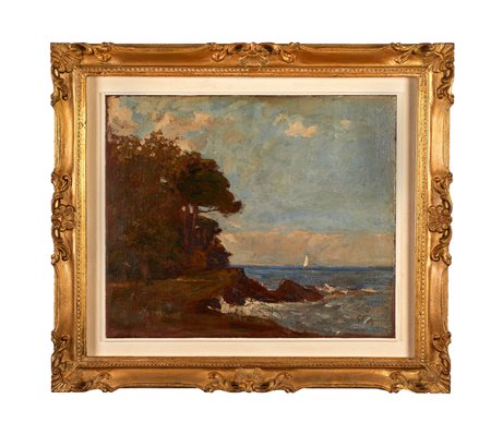 GIULIO FIORI (Bologna 1909 - Bologna 1991) "Marina con barca". Olio su tela....