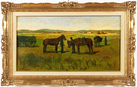 GIOVANNI BARTOLENA (Livorno 1866 - 1942) "Paesaggio di campagna con figure e...