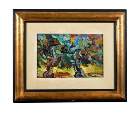 SAVERIO TERRUSO Monreale 1939- Milano 2003) “Alberi". Olio su tela. Cm 20x30....