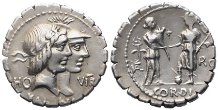 Q. Fufius Calenus, M. Cordus, Denarius serratus, 70 BC; AR (3,77 g; 19,3 mm; 4 h)