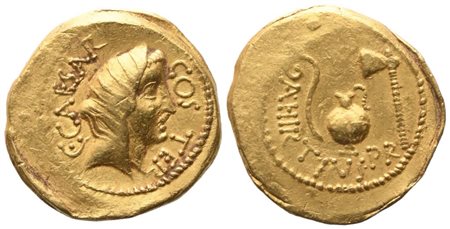 Julius Caesar and Aulus Hirtius, Aureus, 46 BC; AV (8,15 g; 20,6 mm; 6 h)