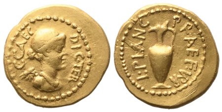 Julius Caesar and L. Munatius Plancus, Quinarius, 45 BC; AV (3,91 g; 15,3 mm; 6 h)