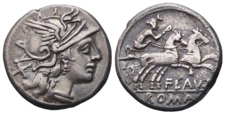 Decimius Flavus, Denarius, 150 BC; AR (3,78 g; 17,6 mm; 3 h)