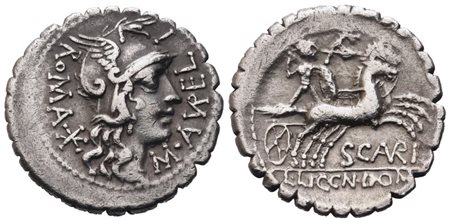 M. Aurelius Scaurus, Denarius serratus, 118 BC; AR (3,82 g; 20,1 mm; 4 h)