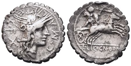 L. Licinius Crassus and Cn. Domitius Ahenobarbus with C. Malleolus, Denarius Serratus, 118 BC; AR (3,80 g; 20,2 mm; 10 h) 