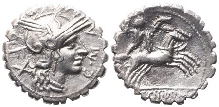 L. Licinius Crassus, Cn. Domitius Ahenobarbus, C. Malleolus, Denarius serratus, 118 BC; AR (3,80 g; 18,7 mm; 4 h)