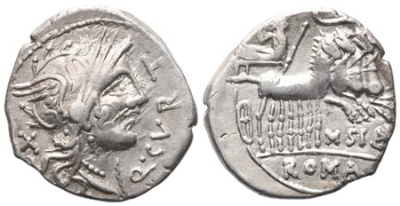 Q. Curtius, M. Sergius Silus, Denarius, 116-115 BC; AR (3,85 g; 20,2 mm; 11 h)