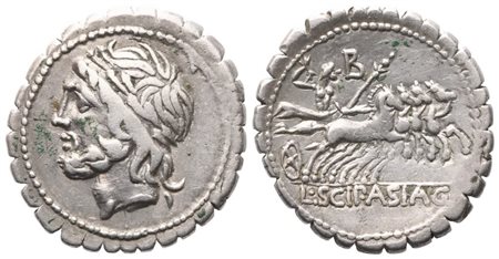 L. Scipio Asiagenus, Denarius serratus, 106 BC; AR (3,90 g; 19,5 mm; 6 h)