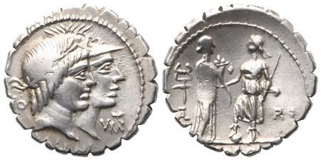 Q. Fufius Calenus and P. Mucius Corus, Denarius serratus, 70 BC; AR (4 g; 19,8 mm; 5 h)