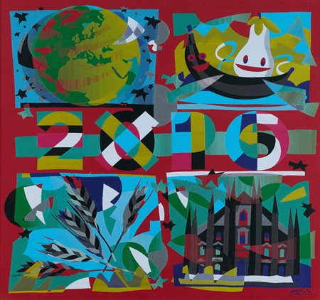 Ugo Nespolo (Mosso Santa Maria (Bi), 1941) Expo, 2015 Arazzo cm. 64x68...